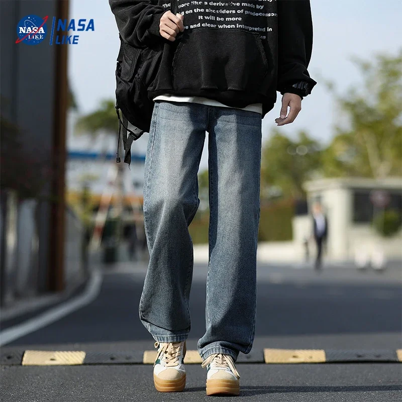 NASA Men's Spring/Fall Washed Straight Jeans (Unisex)