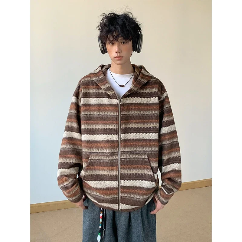 2025 Fall Ethnic American Retro Loose Long-sleeve Striped Zip Hoodie Couple Top