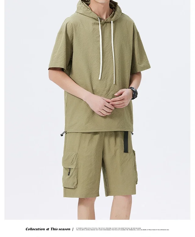 Men's Summer Ice Silk Hooded T-shirt Set Detail