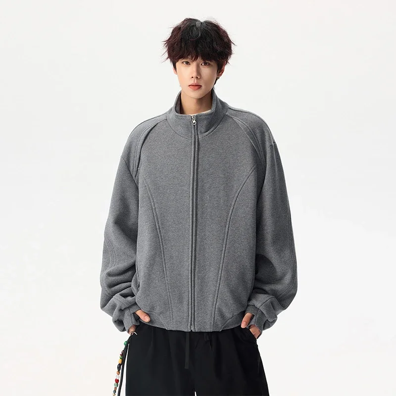 Men's Solid Color Stand Collar Cardigan Hoodie