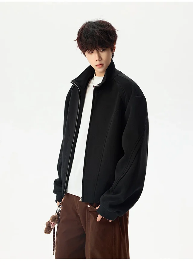 Men's Solid Color Stand Collar Cardigan Hoodie Detail