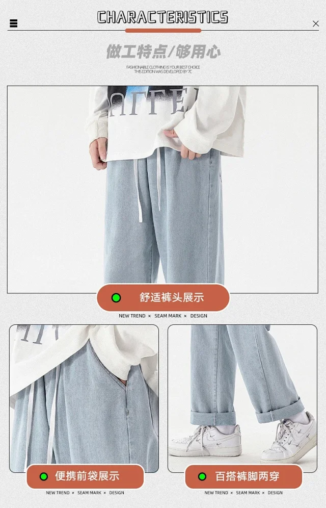 Men's Loose Straight Cotton Denim Jeans Detail