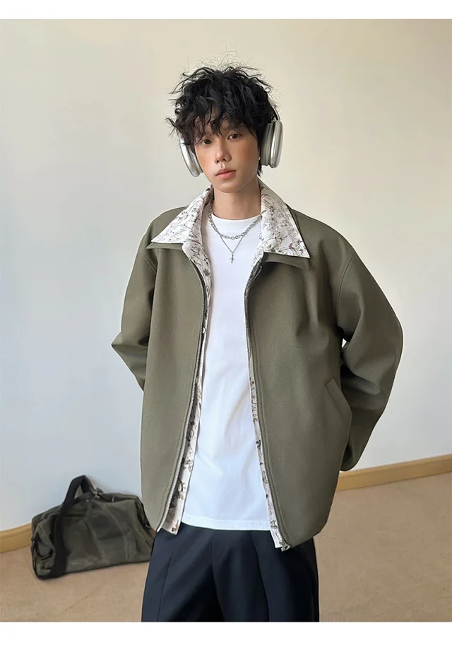 Vintage Floral Collar Bomber Jacket for Men Detail