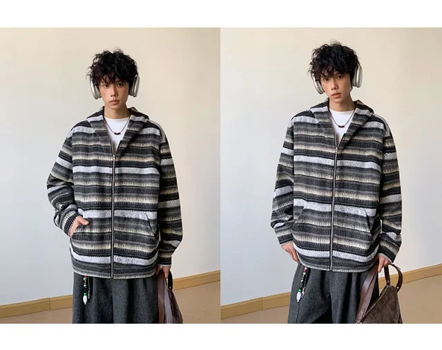 2025 Fall Ethnic American Retro Loose Long-sleeve Striped Zip Hoodie Couple Top Detail