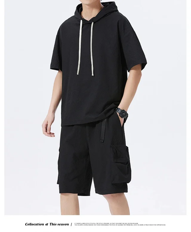 Men's Summer Ice Silk Hooded T-shirt Set Detail
