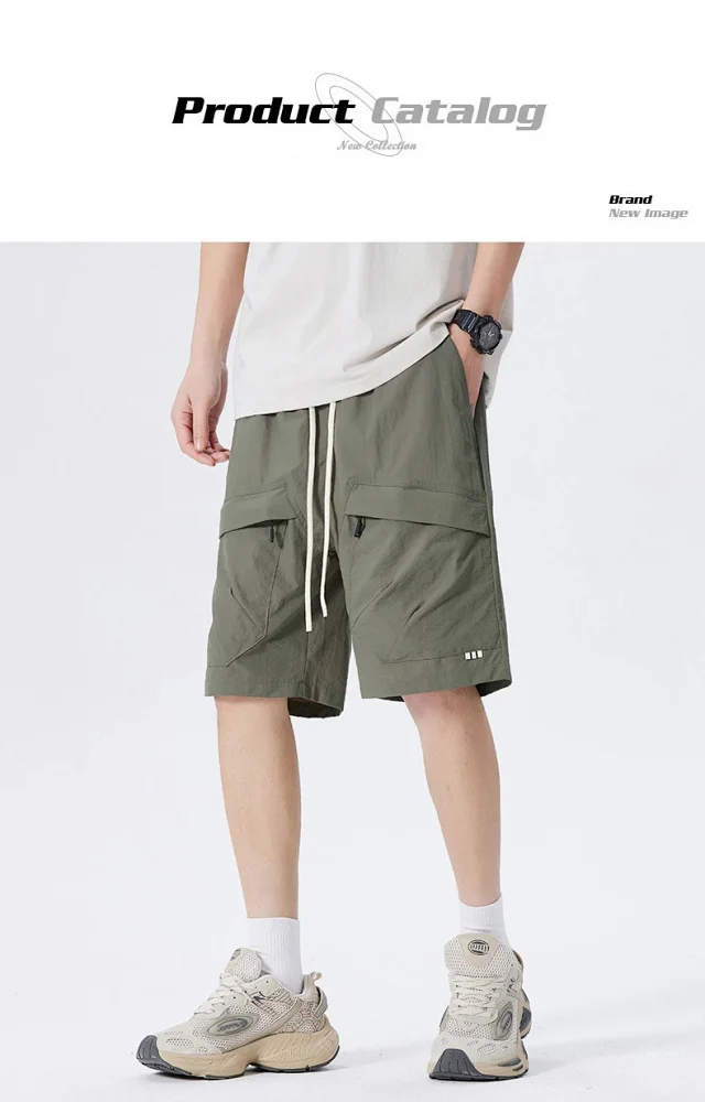 2025 Summer American Parachute Shorts for Men in Loose Straight Style with Multiple Pockets Detail