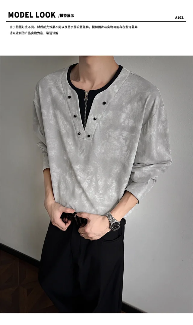 Men's Long-sleeve T-shirt, Ink-dyed, American Style, Loose, Breathable, Comfy, Versatile, Lazy Couple Detail