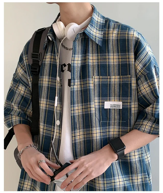 Men's Summer Plaid Shirt, 5/8 Sleeve Detail