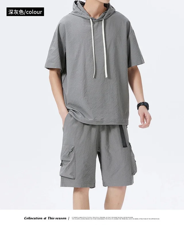 Men's Summer Ice Silk Hooded T-shirt Set Detail
