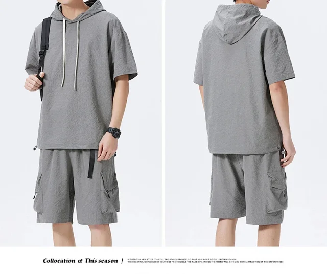 Men's Summer Ice Silk Hooded T-shirt Set Detail