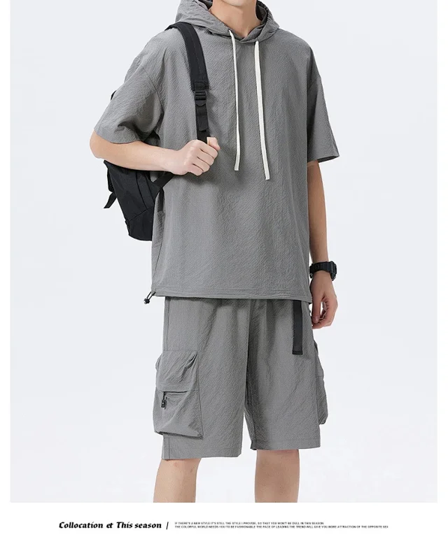 Men's Summer Ice Silk Hooded T-shirt Set Detail