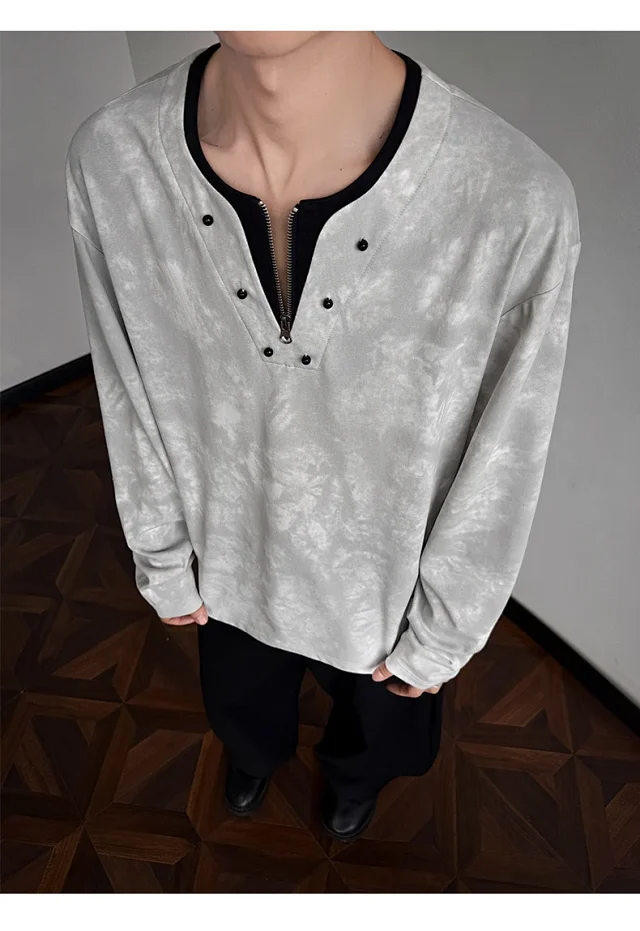 Men's Long-sleeve T-shirt, Ink-dyed, American Style, Loose, Breathable, Comfy, Versatile, Lazy Couple Detail