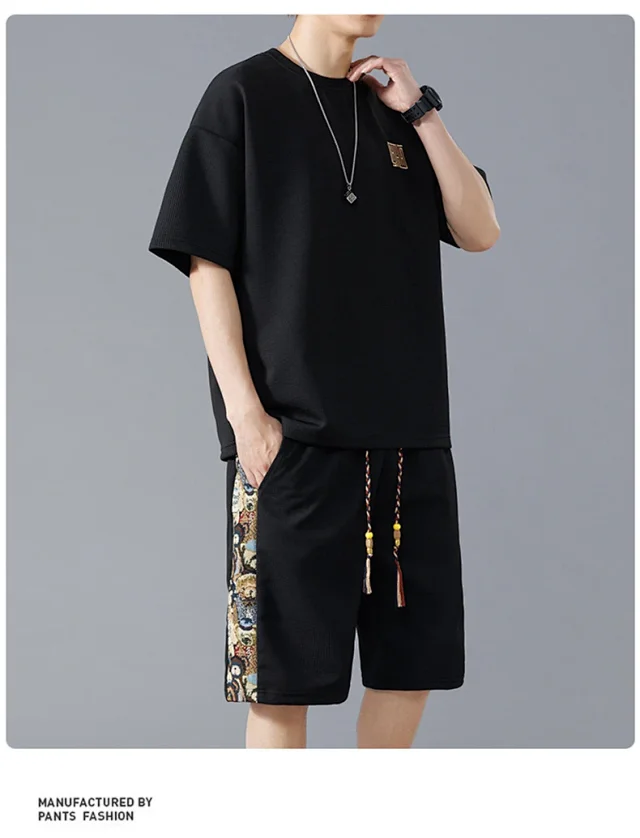 Stylish Korean Trendy Men's Set (Short Sleeve T - Shirt + Embroidered Shorts) Detail