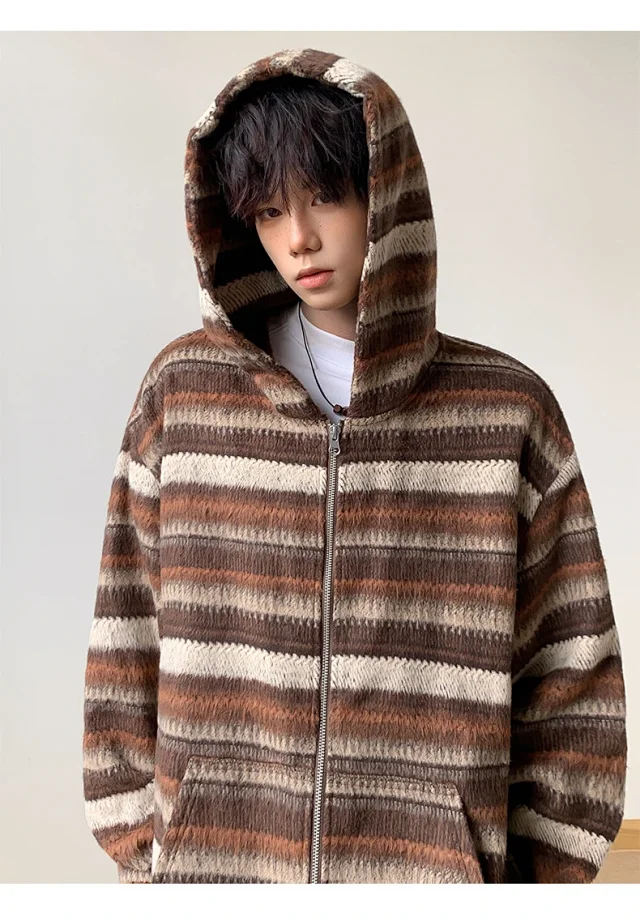 2025 Fall Ethnic American Retro Loose Long-sleeve Striped Zip Hoodie Couple Top Detail