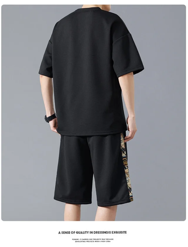 Stylish Korean Trendy Men's Set (Short Sleeve T - Shirt + Embroidered Shorts) Detail
