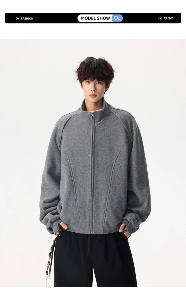 Men's Solid Color Stand Collar Cardigan Hoodie Detail