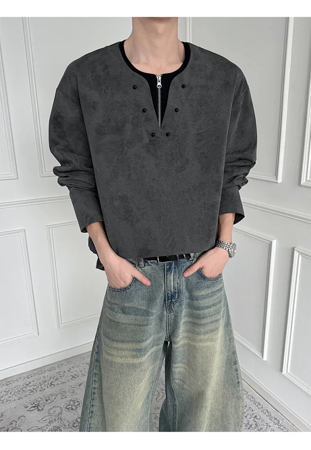 Men's Long-sleeve T-shirt, Ink-dyed, American Style, Loose, Breathable, Comfy, Versatile, Lazy Couple Detail
