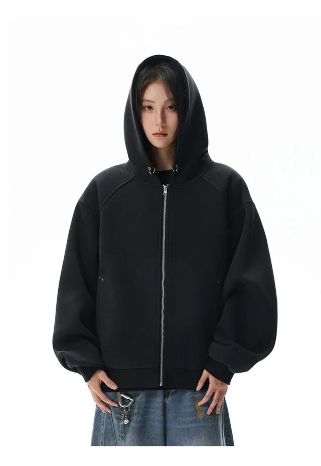 American Retro Deconstructed Air Layer Zip Cardigan Hoodie Detail
