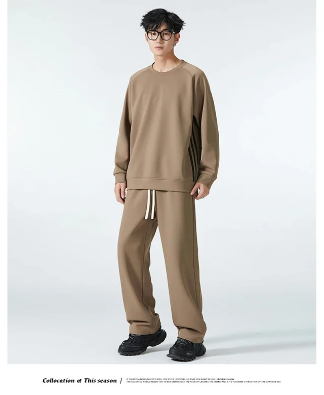 Mens Sports Set: Raglan Sleeve Crewneck Sweatshirt & Straight Leg Casual Pants Detail
