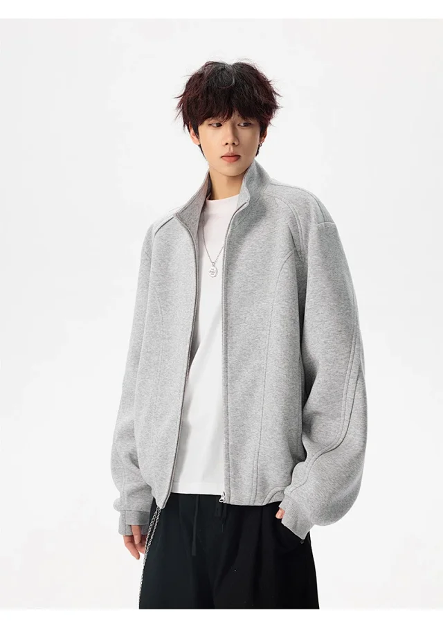 Men's Solid Color Stand Collar Cardigan Hoodie Detail