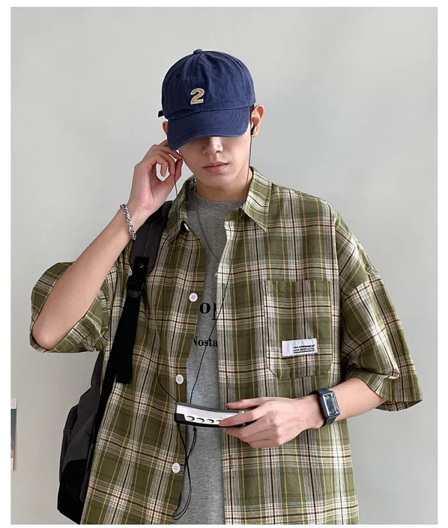 Men's Summer Plaid Shirt, 5/8 Sleeve Detail