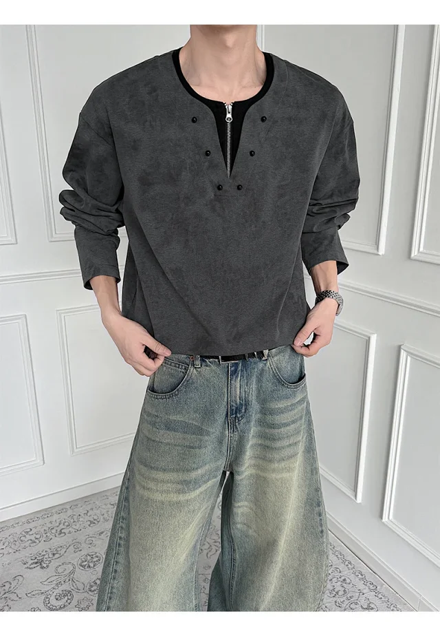 Men's Long-sleeve T-shirt, Ink-dyed, American Style, Loose, Breathable, Comfy, Versatile, Lazy Couple Detail