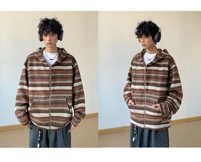 2025 Fall Ethnic American Retro Loose Long-sleeve Striped Zip Hoodie Couple Top Detail