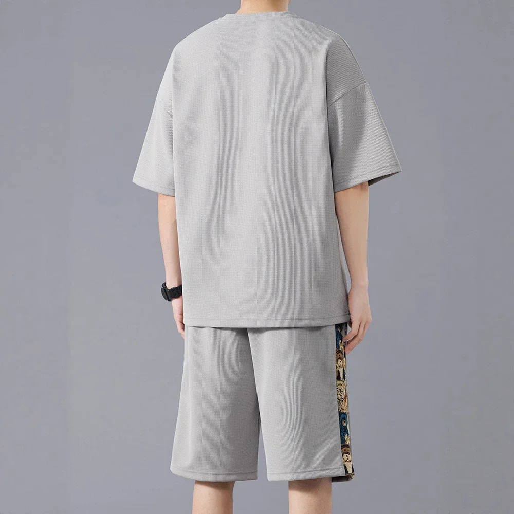 Stylish Korean Trendy Men's Set (Short Sleeve T - Shirt + Embroidered Shorts)