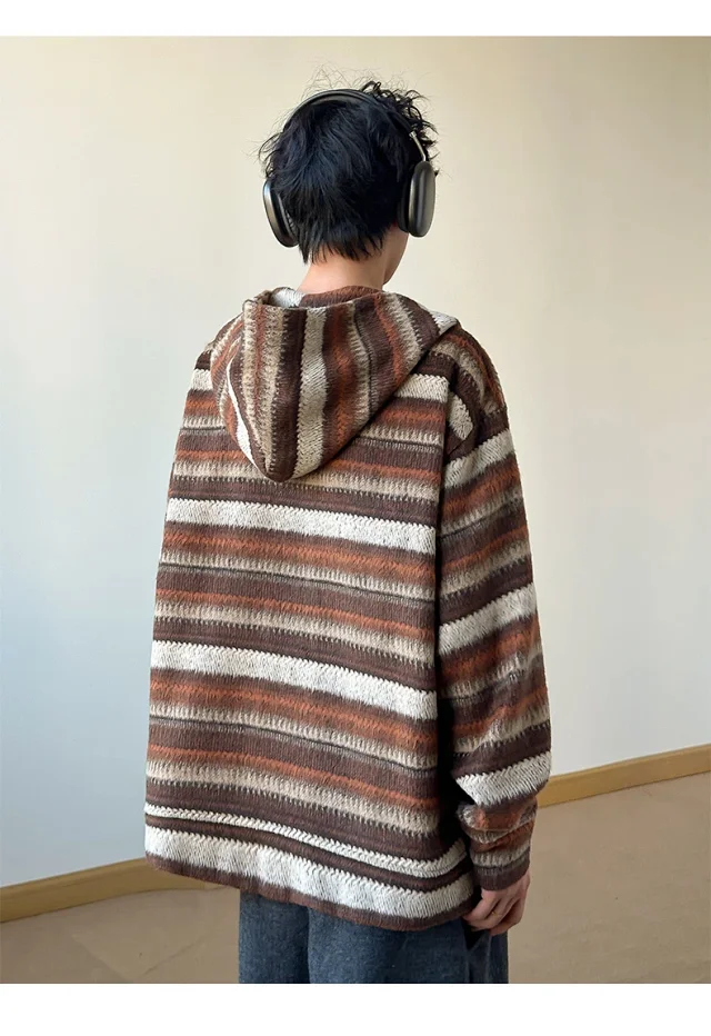2025 Fall Ethnic American Retro Loose Long-sleeve Striped Zip Hoodie Couple Top Detail