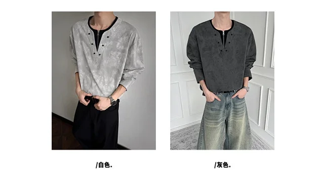 Men's Long-sleeve T-shirt, Ink-dyed, American Style, Loose, Breathable, Comfy, Versatile, Lazy Couple Detail