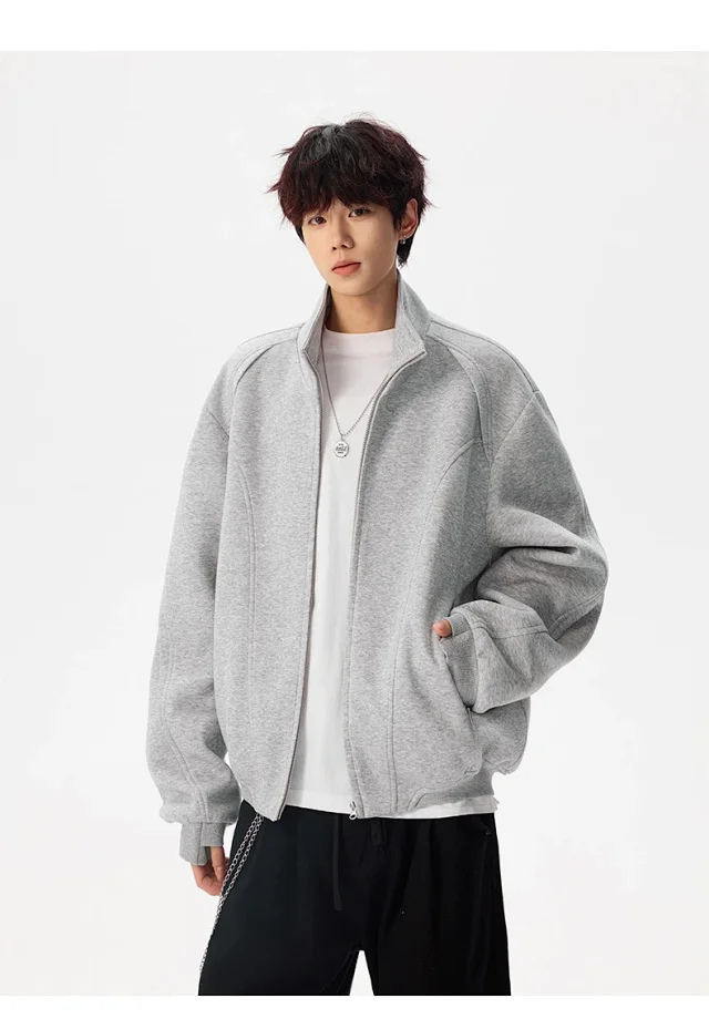 Men's Solid Color Stand Collar Cardigan Hoodie Detail