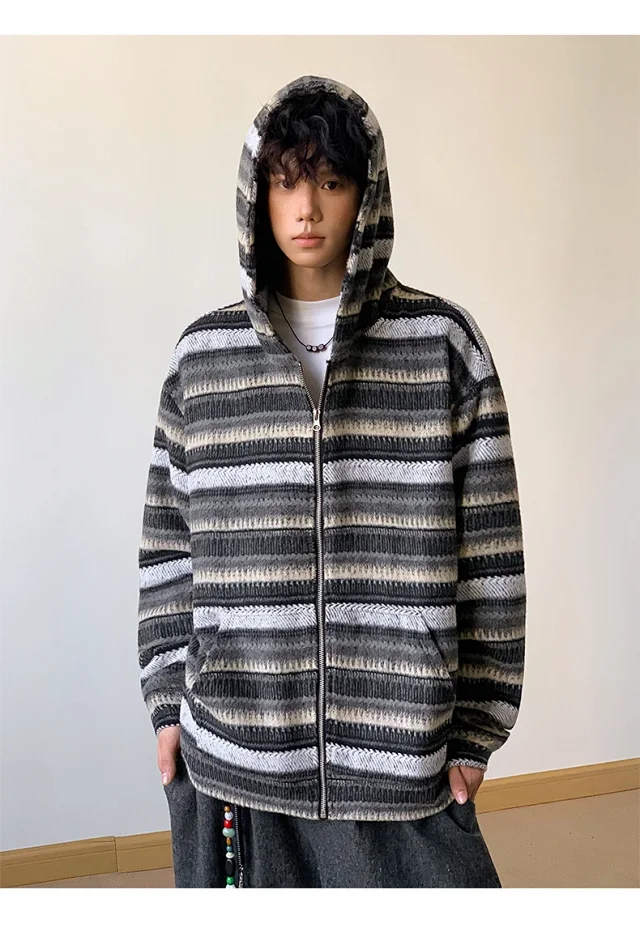 2025 Fall Ethnic American Retro Loose Long-sleeve Striped Zip Hoodie Couple Top Detail