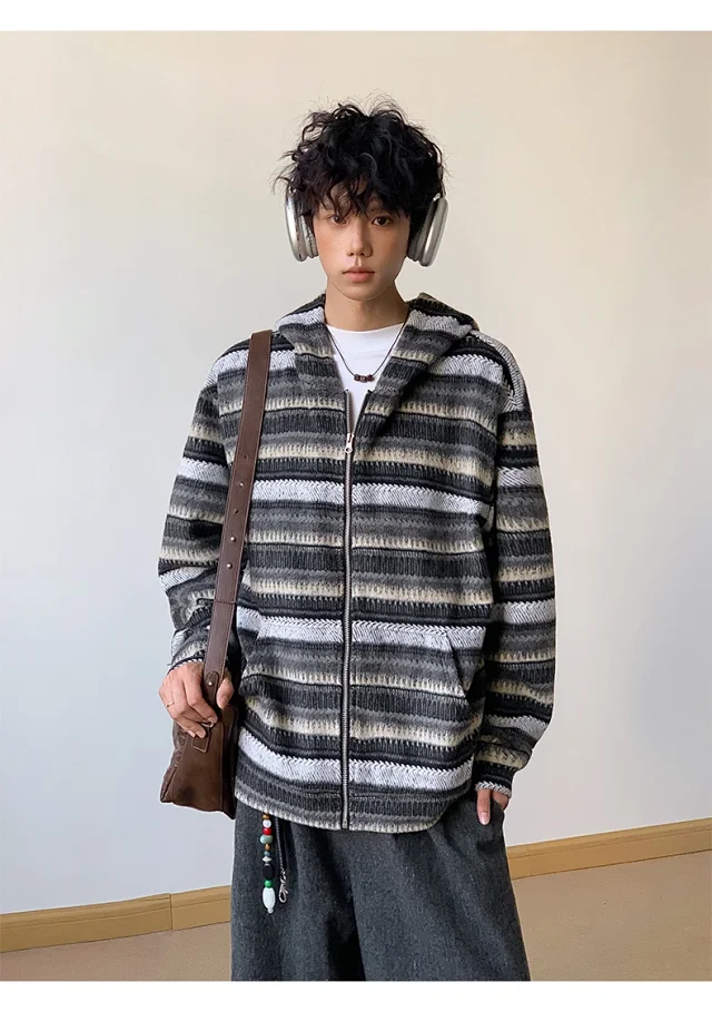 2025 Fall Ethnic American Retro Loose Long-sleeve Striped Zip Hoodie Couple Top Detail