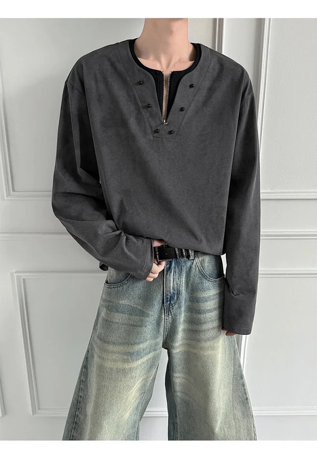 Men's Long-sleeve T-shirt, Ink-dyed, American Style, Loose, Breathable, Comfy, Versatile, Lazy Couple Detail