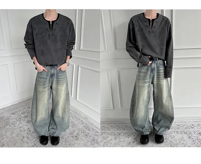 Men's Long-sleeve T-shirt, Ink-dyed, American Style, Loose, Breathable, Comfy, Versatile, Lazy Couple Detail