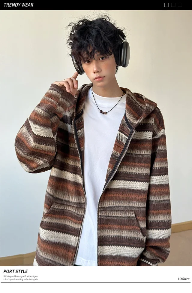 2025 Fall Ethnic American Retro Loose Long-sleeve Striped Zip Hoodie Couple Top Detail