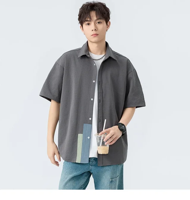 Summer Men's Short Sleeve Shirt: Trendy & Retro Detail