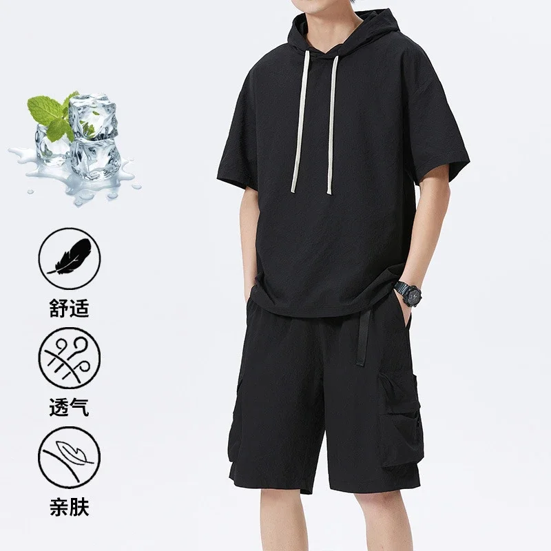 Men's Summer Ice Silk Hooded T-shirt Set