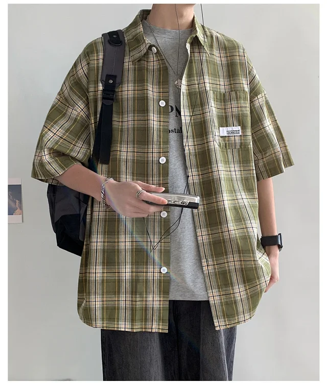 Men's Summer Plaid Shirt, 5/8 Sleeve Detail
