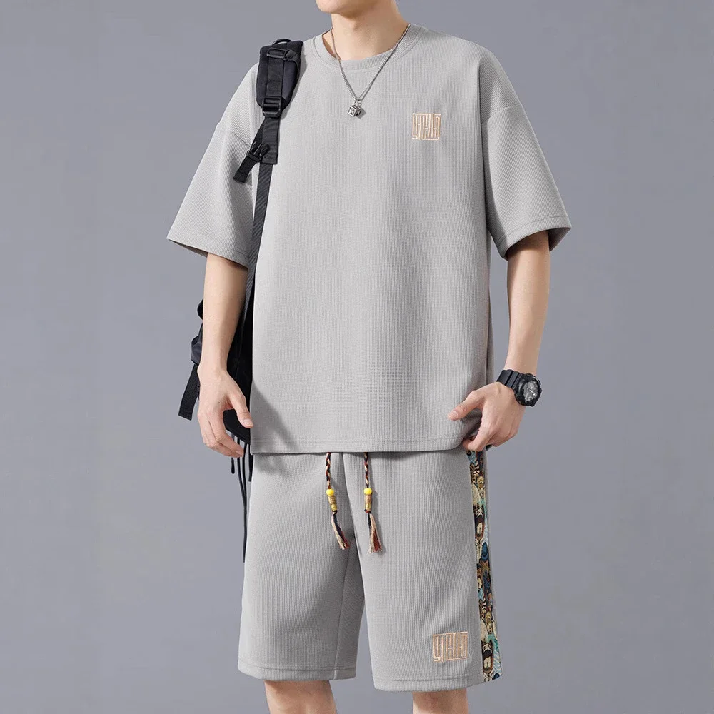 Stylish Korean Trendy Men's Set (Short Sleeve T - Shirt + Embroidered Shorts)
