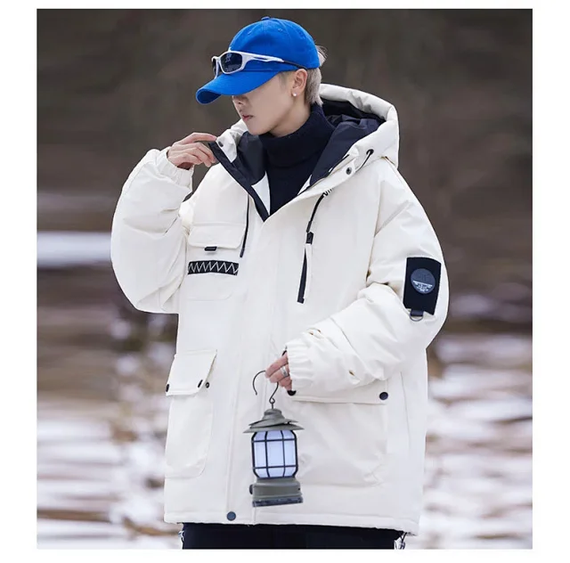 New National Standard 90 White Duck Down Couple Hooded Down Jacket Detail