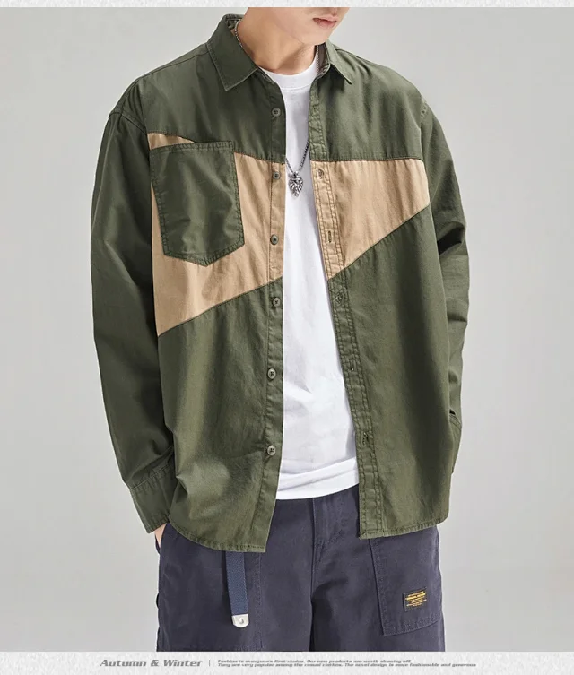 Japanese Men's 2025 Early Fall New Patchwork Long-sleeve Shirt Detail