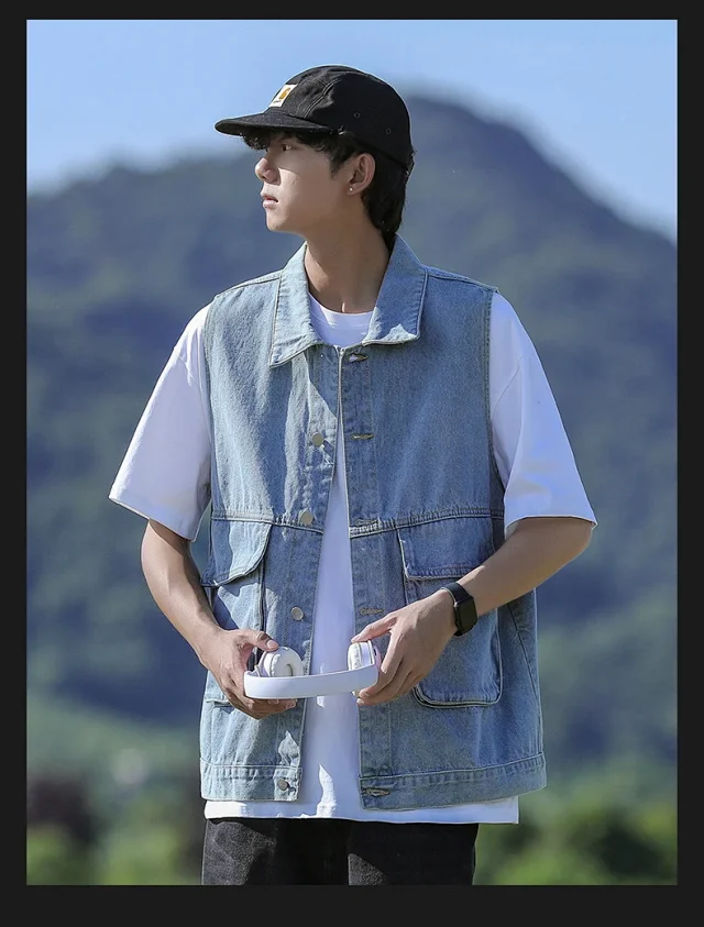 Japanese Retro Lapel Denim Vest Detail