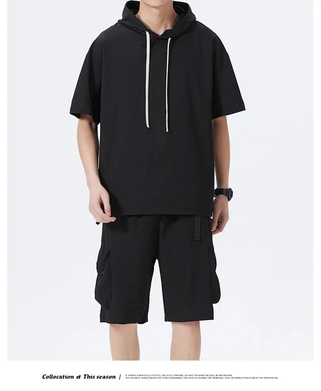 Men's Summer Ice Silk Hooded T-shirt Set Detail