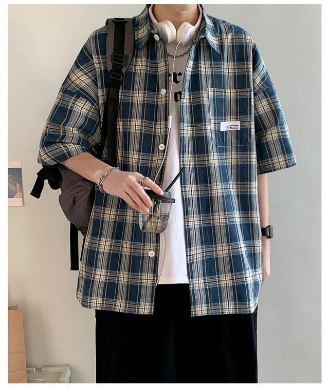 Men's Summer Plaid Shirt, 5/8 Sleeve Detail
