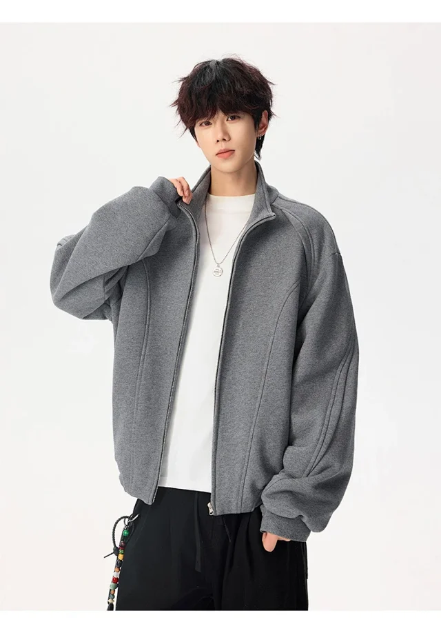 Men's Solid Color Stand Collar Cardigan Hoodie Detail