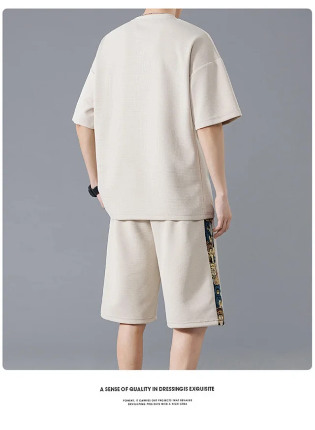 Stylish Korean Trendy Men's Set (Short Sleeve T - Shirt + Embroidered Shorts) Detail