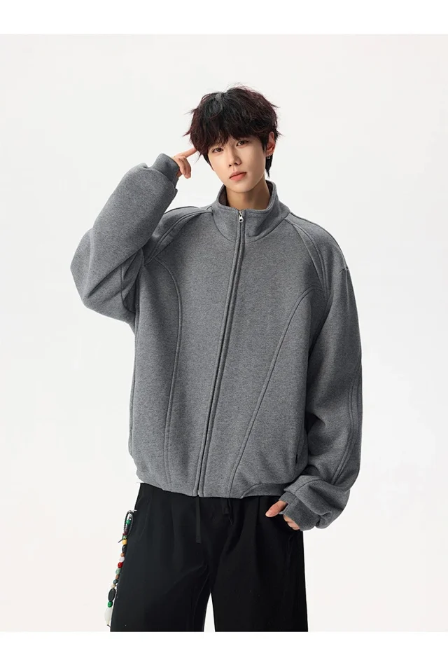 Men's Solid Color Stand Collar Cardigan Hoodie Detail