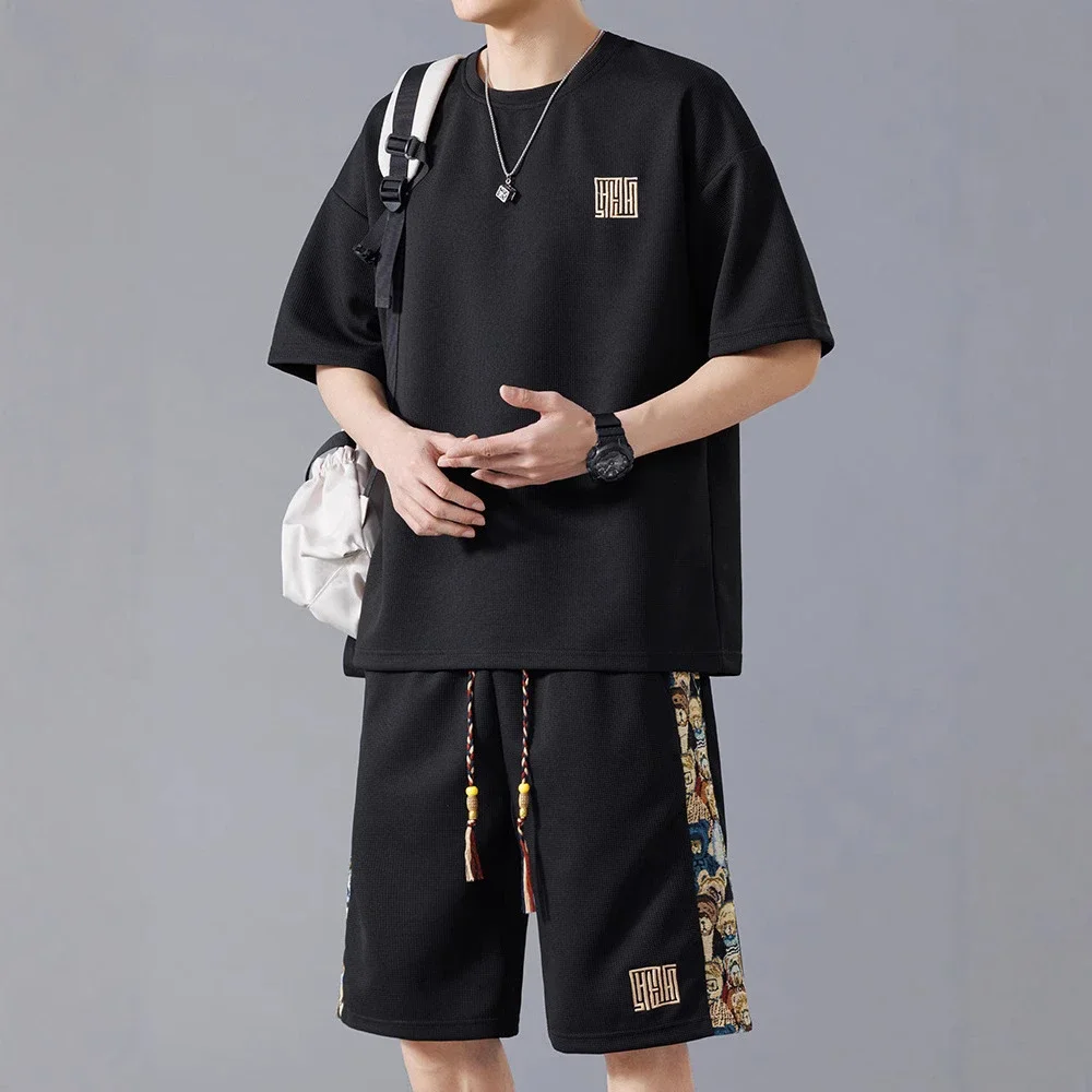 Stylish Korean Trendy Men's Set (Short Sleeve T - Shirt + Embroidered Shorts)