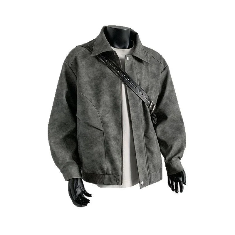 2025 Spring New American High Street Collar Tie - Dye PU Leather Jacket for Men